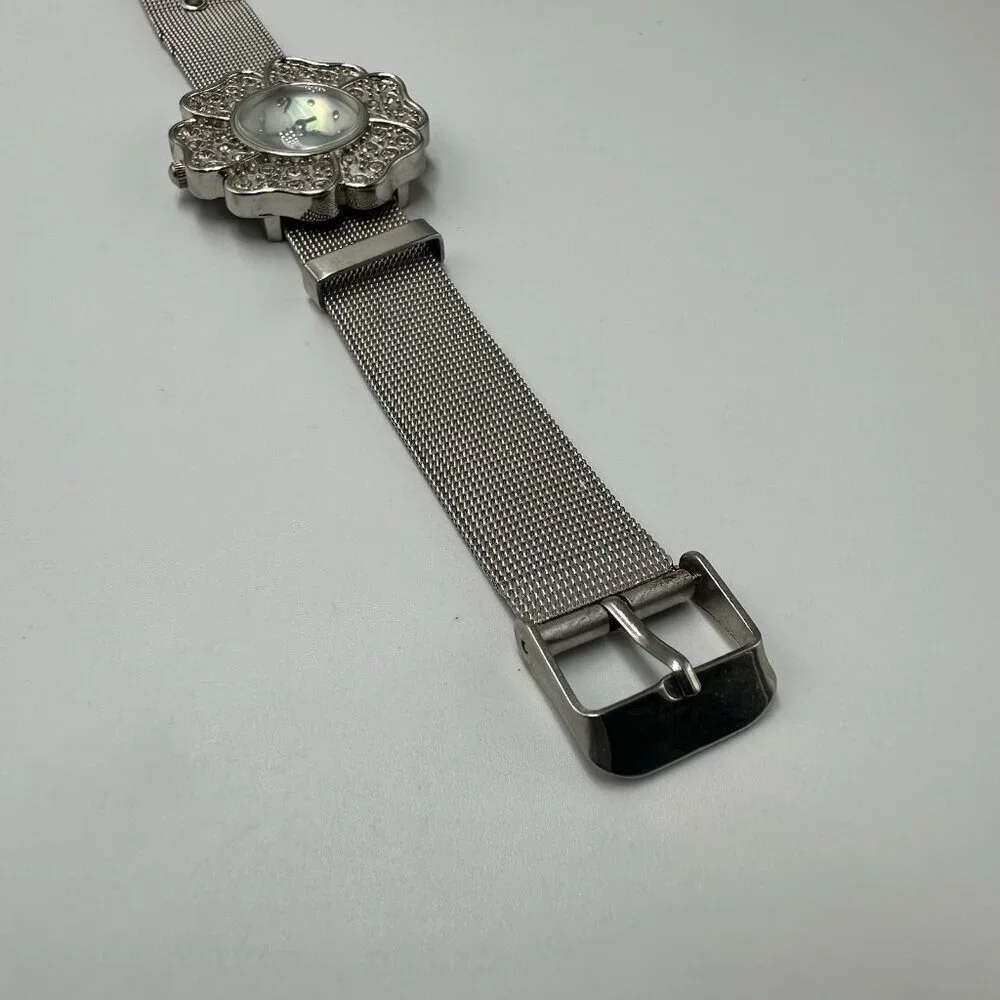 3/$30 Studio Time Watch Women Silver Tone Rhinestone Flower Case New Battery